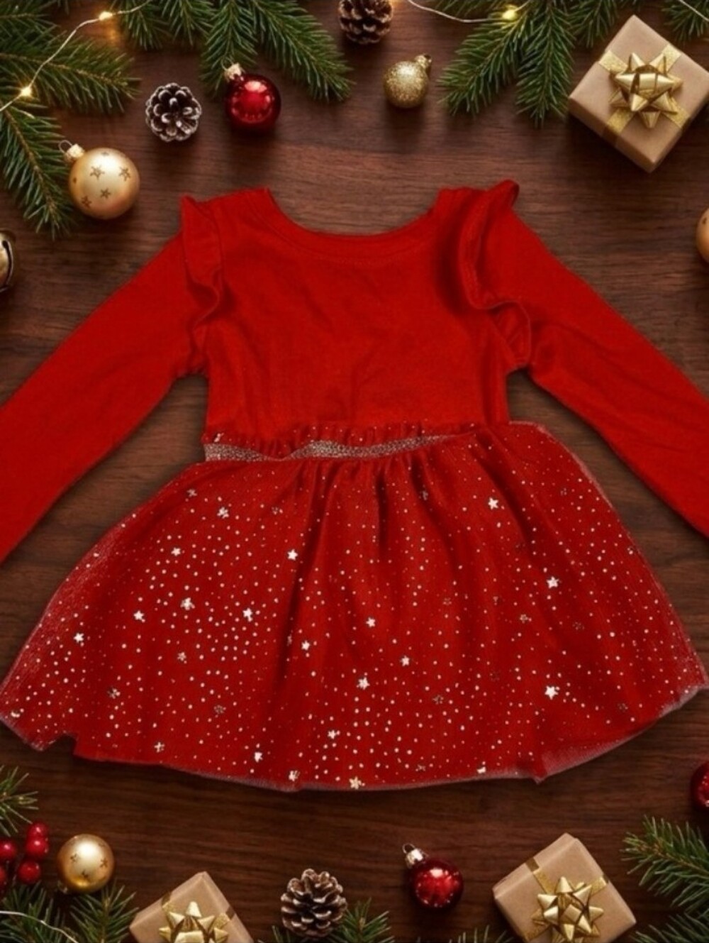 Cat & Jack Red Glitter Holiday Tulle Dress Size 3t Stars Girls Toddler